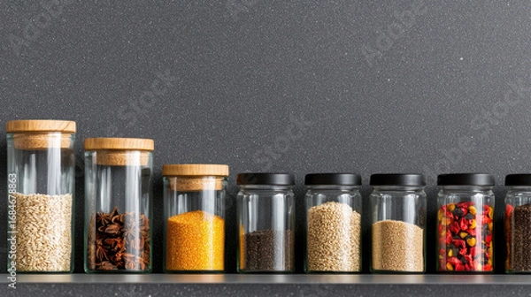 Fototapeta Organized jars filled with various spices and seeds on kitchen shelf, showcasing variety of colors and textures, creating vibrant display