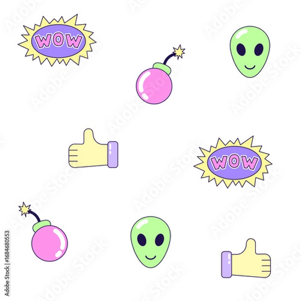 Fototapeta Seamless pattern with vintage bomb and alien in style of 90s. Multicolored elements on white background. Retro illustration with outline in 90s style. Vector illustration.