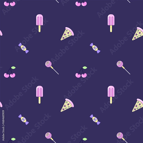Fototapeta Seamless pattern with vintage pizza and ice cream in style of 90s. Multicolored elements on dark background. Retro illustration with outline in 90s style. Vector illustration.