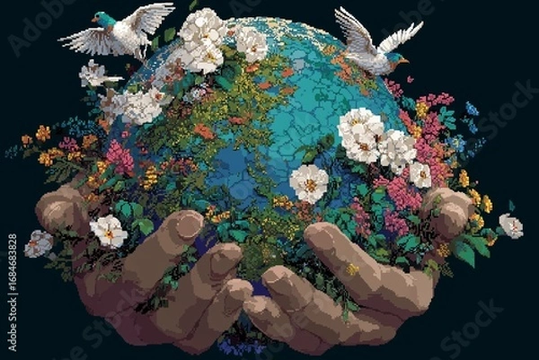 Fototapeta Hands holding a vibrant, flourishing globe adorned with flowers and birds in a colorful display of nature's beauty