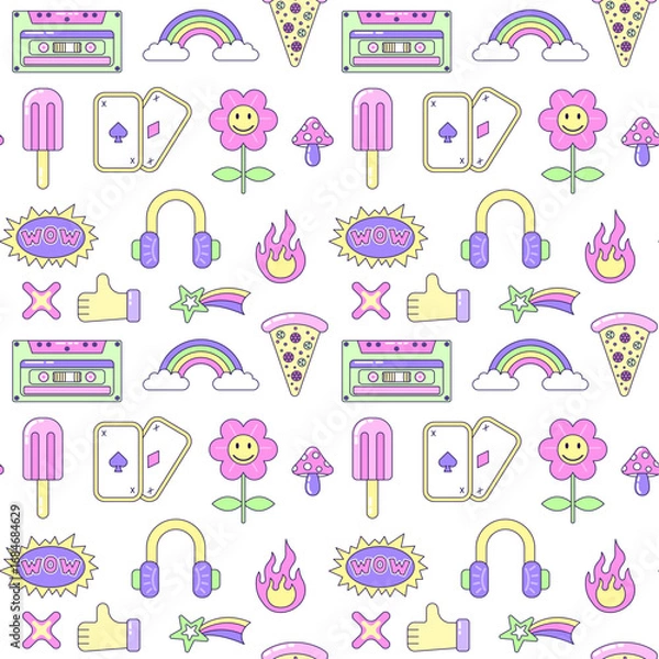 Fototapeta Seamless pattern with vintage Multicolored elements on white background. Retro illustration with outline in 90s style. Vector illustration.