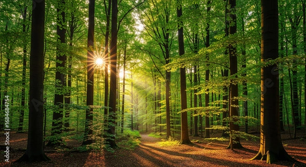 Obraz Sunlit Green Forest with Sun Rays