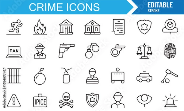Fototapeta Editable stroke crime icons collection with police, law enforcement, fingerprint, and security symbols