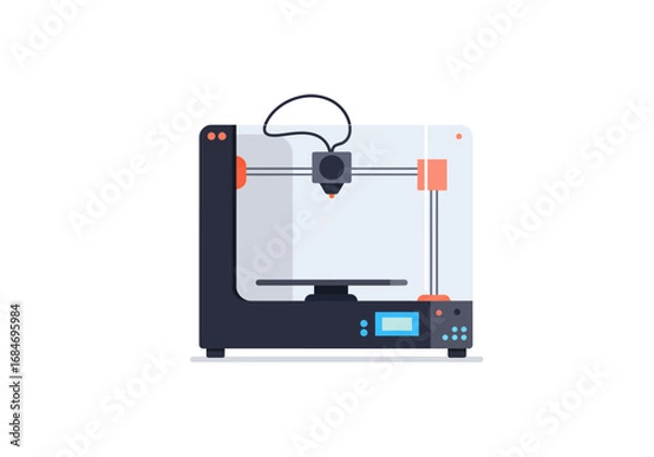 Fototapeta 3D printer black frame transparent enclosure orange accents printing head build plate control panel on white background