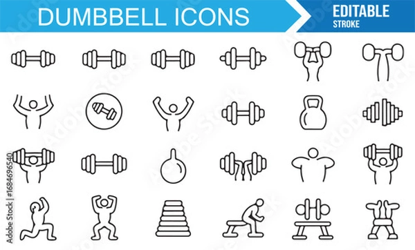 Fototapeta Dumbbell icons set in linear stroke style featuring exercise, training, bodybuilding, and strength tools