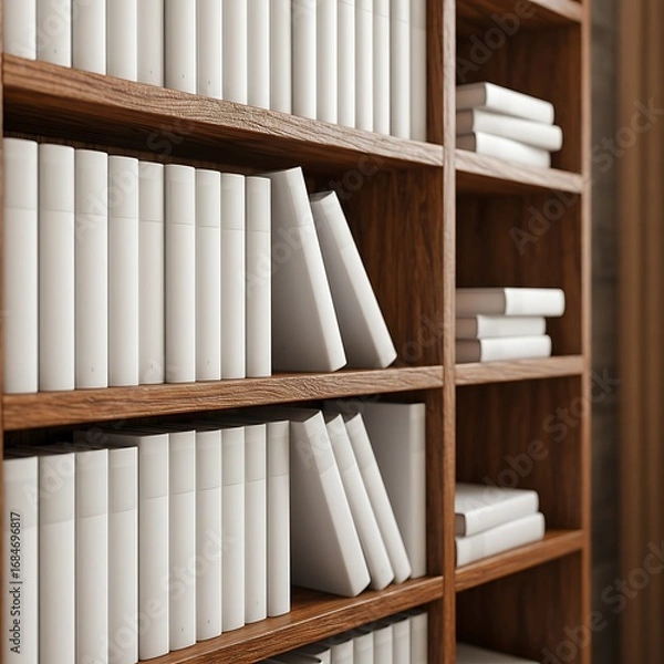 Obraz 静寂の書棚、白と木のぬくもり