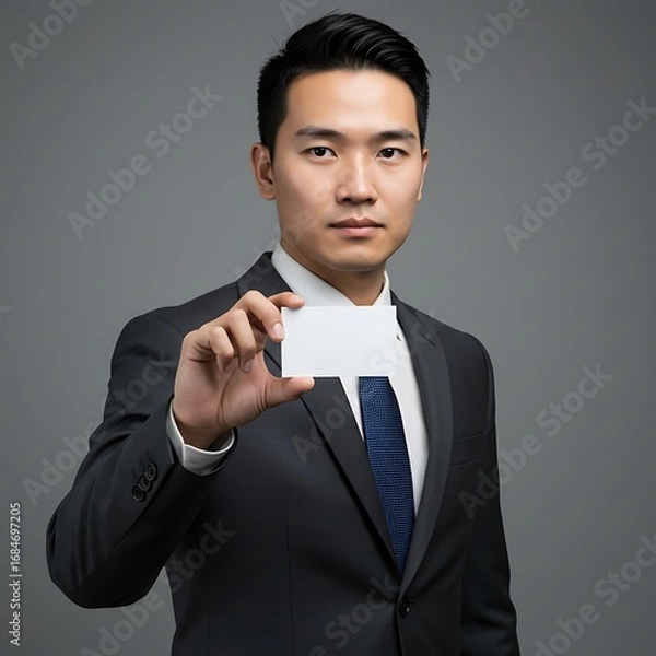 Obraz 静謐な眼差しと名刺、ビジネスマンのポートレート