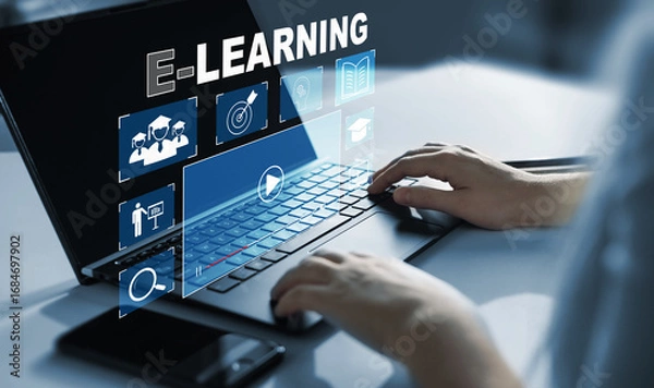 Fototapeta Person who attends online lessons on a digital screen.E-learning education, internet lessons and online webinar. Education internet Technology.	
