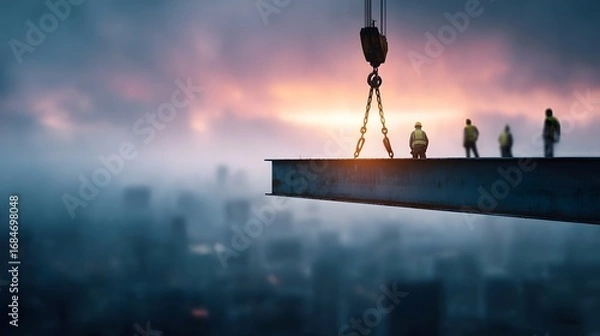 Fototapeta Construction workers on a steel beam are guided by a crane high above a hazy city skyline bathed in the warm light of a dramatic sunset