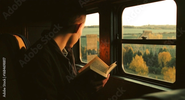 Obraz Man Reading on a Train, Scenic View
