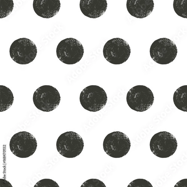 Fototapeta Seamless pattern with linocut polka dots. Charcoal monochrome endless background. Black and white grunge dot repeat cover. Surface pattern design geometric motif. Vector illustration.