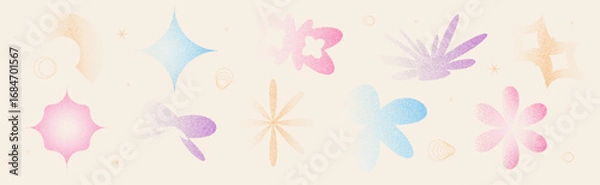 Fototapeta Abstract multi colors figures with grain noise gradient. Y2k retro stippling forms set. Butterfly, semicircle and star flower icons isolated on beige background. Vector gradation shapes illustration.