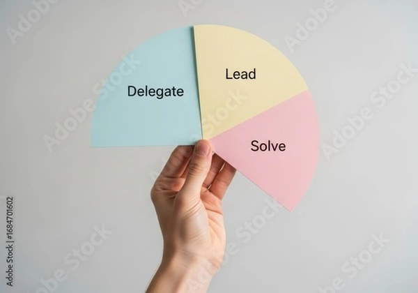 Fototapeta Hand holding a pie chart with sections labeled lead, solve, and delegate