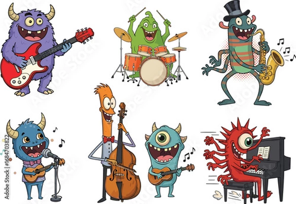 Fototapeta Funny Cartoon Monsters Playing Various Musical Instruments – Colorful Band Characters Performing Music with Guitar, Drums, Saxophone Vector