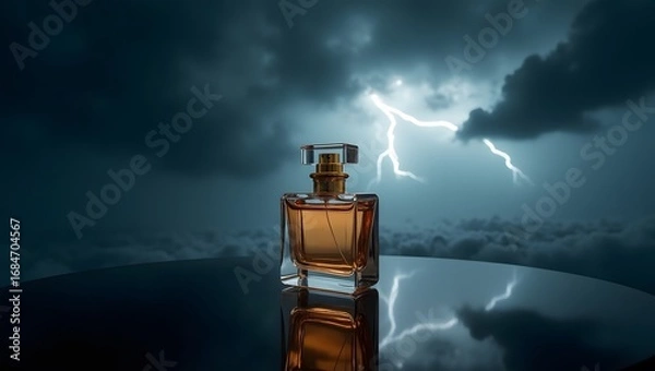 Fototapeta bottle of perfume on a black background , dreamy sky with thunder 