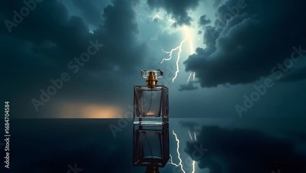 Fototapeta bottle of perfume on a black background , dreamy sky with thunder 