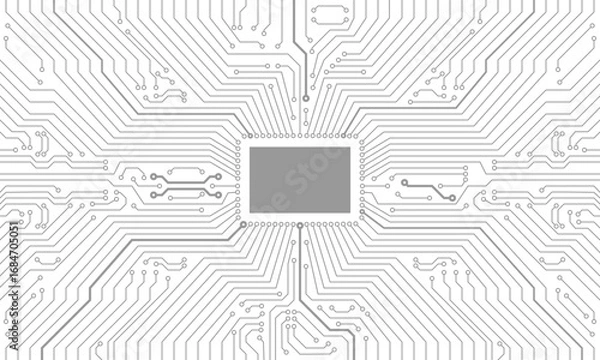 Fototapeta Grey lines circuit board and chip AI semiconductor or computer processor. Vector Technology Illustration.