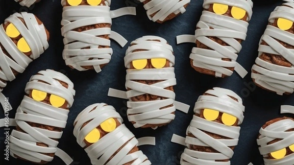 Obraz Fun Halloween-themed treats resembling mummies with glowing eyes crafted from baked goods, white frosting, and playful details, perfect for festive gatherings.