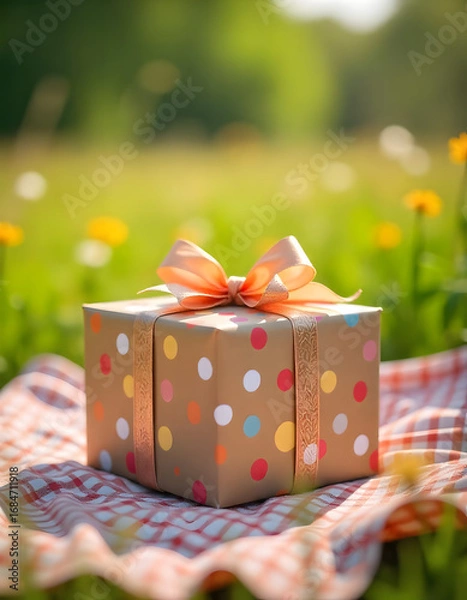 Obraz Elegant gift box with golden ribbon in snowy winter forest at sunset for holiday marketing