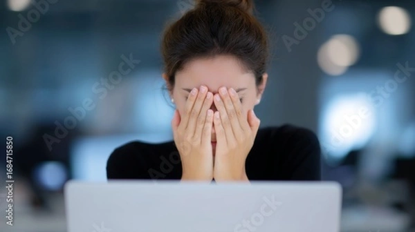 Fototapeta A young woman covers her face in frustration while sitting in front of a laptop. The modern workspace is softly lit, creating a calm yet intense atmosphere. 