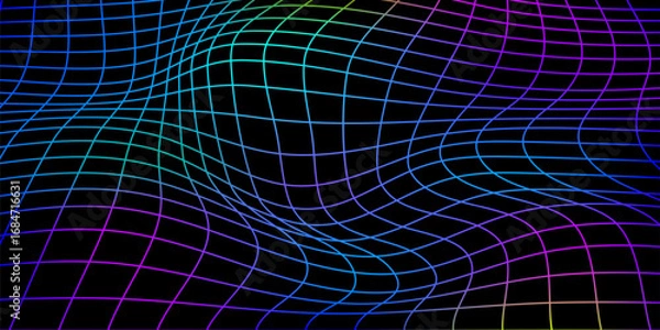 Obraz Y2k wavy wireframe background. Vector abstract cyberpunk pattern with 3d effect. Rainbow mesh texture bg