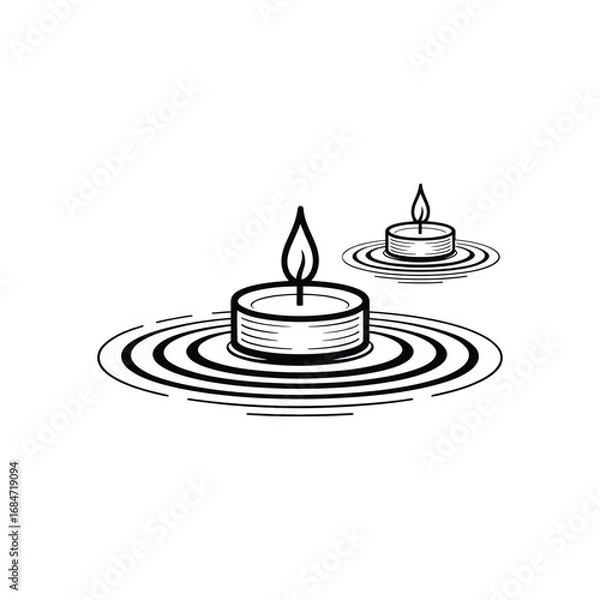 Fototapeta Two floating candles with gentle ripples on a white background symbolizing peace and tranquility