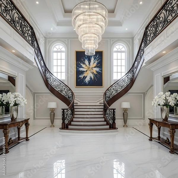 Fototapeta Elegant Foyer with Grand Staircase and Chandelier
