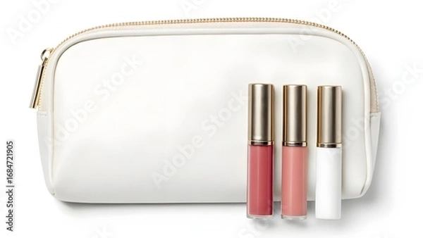Obraz Stylish Lip Gloss Travel Kit Mockup Featuring A Blank Cosmetic Pouch Displayed Open On A Bright White Background, Perfect For Modern Cosmetic Branding, Packaging, And Product Showcase