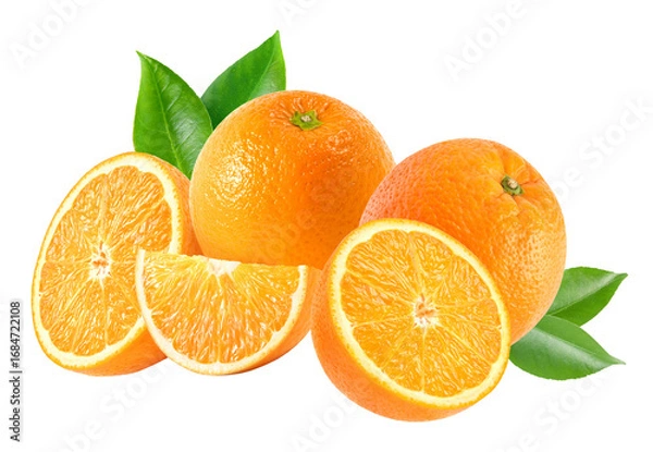 Obraz oranges and segments, decorated with green leaves on a dark background