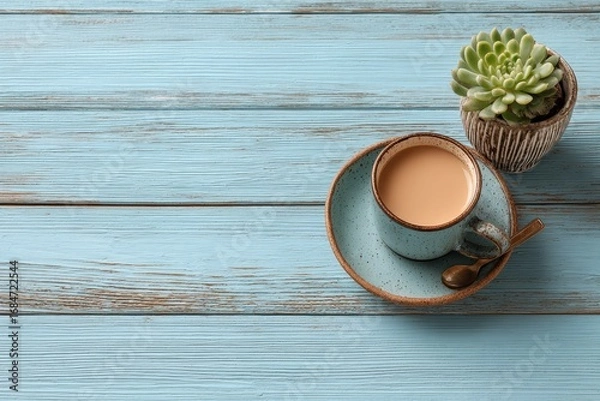 Fototapeta A teal cup of coffee sits on a saucer next to a succulent on a blue wooden table