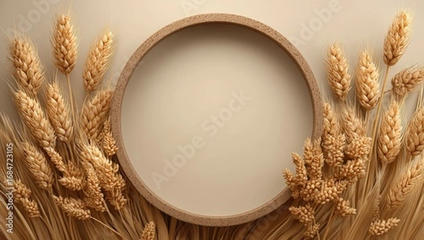 Fototapeta Beige background, round frame, wheat