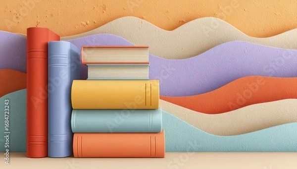 Fototapeta Stacked colorful books against a wavy, pastel background