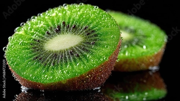 Fototapeta Two juicy kiwi slices, glistening with water droplets, on a reflective black surface