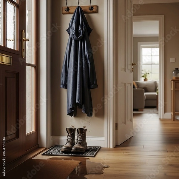 Fototapeta Wet raincoat and boots await adventure's return