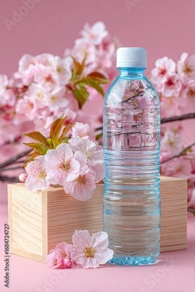 Fototapeta Pink blossoms flank a water bottle on a wooden block against a pink backdrop