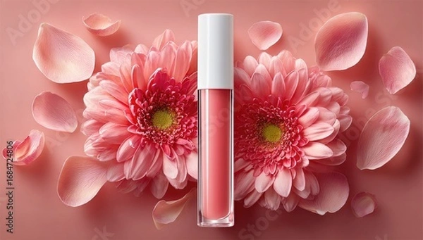 Fototapeta Pink lip gloss displayed between two pink flowers and petals on a pink background