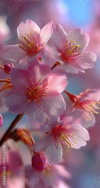 Fototapeta Delicate pink blossoms cluster on a branch, backlit by soft sunlight