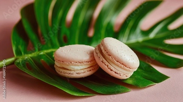 Fototapeta Two pink macarons on a green leaf against a pink background