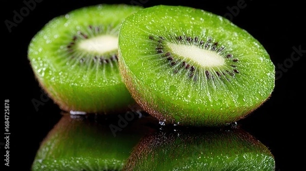 Fototapeta Two juicy kiwi slices, glistening, rest on a reflective black surface