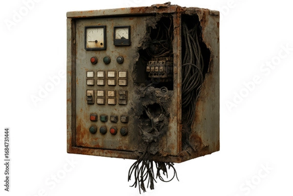 Fototapeta Rusty electrical control panel showing exposed wires and components on transparent background
