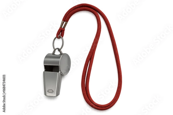 Obraz Silver whistle with red lanyard on transparent background