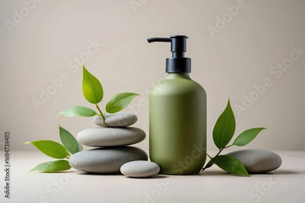 Fototapeta Serene spa scene with green lotion bottle stacked stones and fresh green leaves