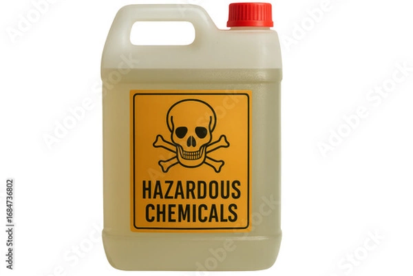 Fototapeta Plastic container showing hazardous chemicals warning sign on transparent background