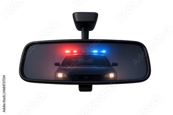 Fototapeta Police car with flashing lights reflecting in rearview mirror on transparent background