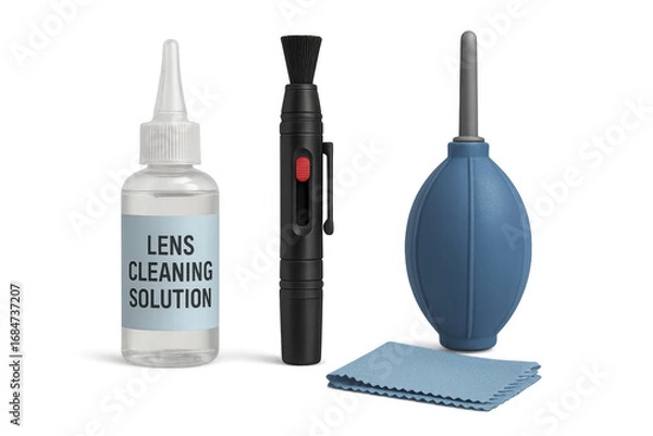 Fototapeta Lens cleaning kit with solution, brush, blower, and cloth on transparent background