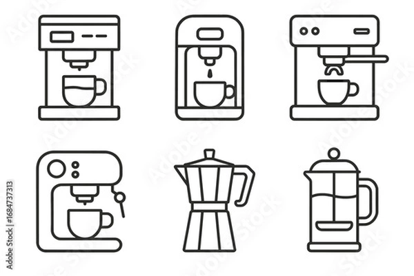 Fototapeta Coffee maker icons set: espresso, french press, moka pot, drip machine outlines
