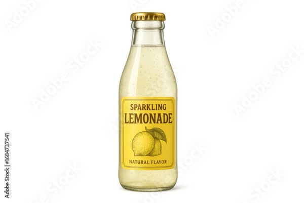 Fototapeta Sparkling lemonade glass bottle with yellow label on transparent background