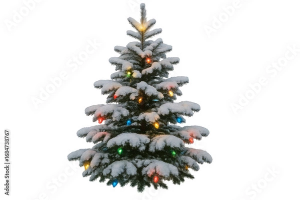Fototapeta Snow covered christmas tree with colorful string lights on transparent background