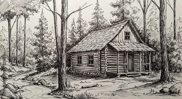Fototapeta Charming rustic log cabin nestled amongst tall trees beside a winding creek, evoking peaceful solitude and natural beauty in a hand-drawn sketch style