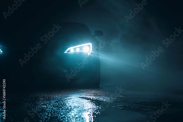 Fototapeta Futuristic LED car headlight projecting sharp beam in dark foggy environment
